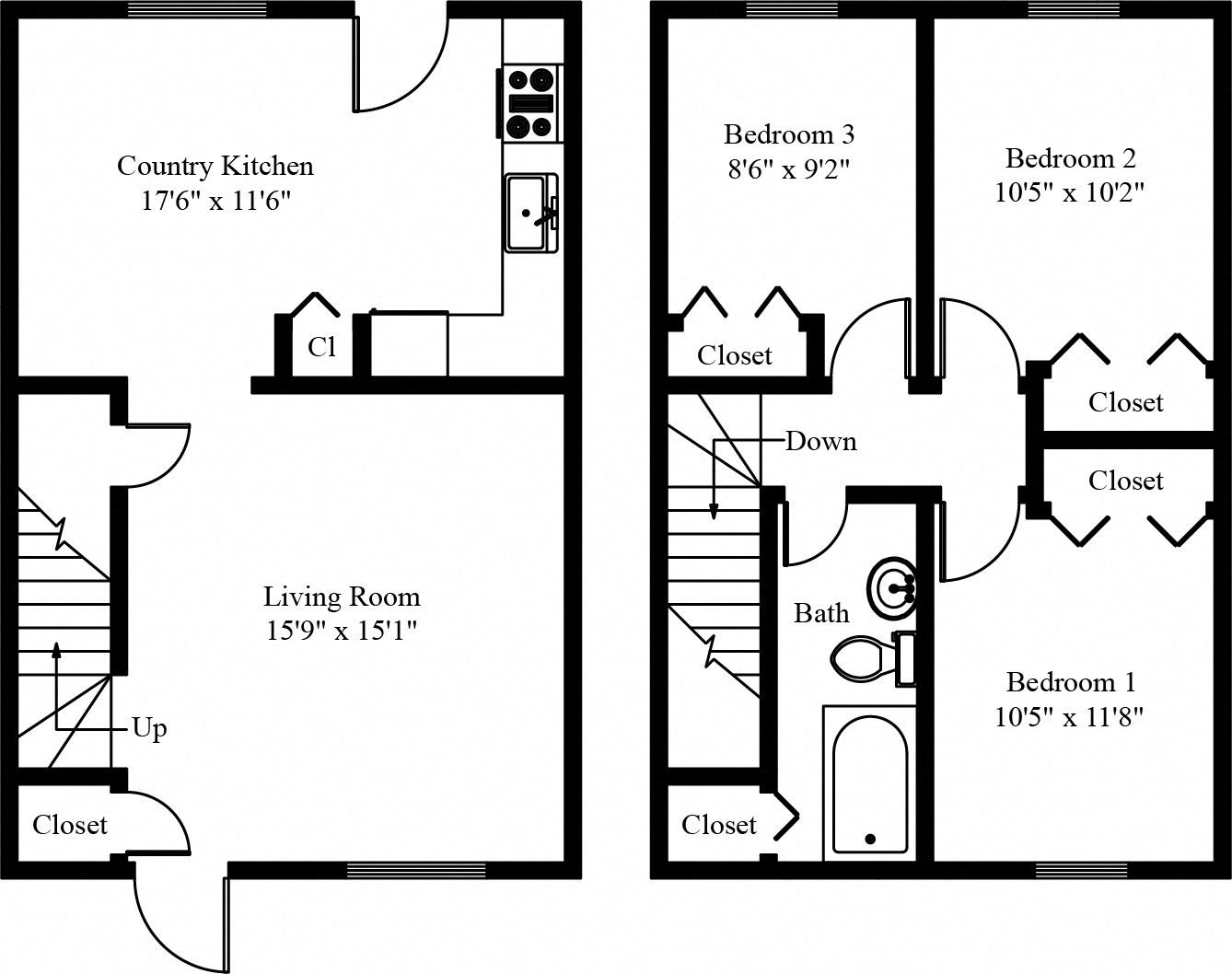 Floor plan for 3 beds, 1 bath, 1036 sqft
